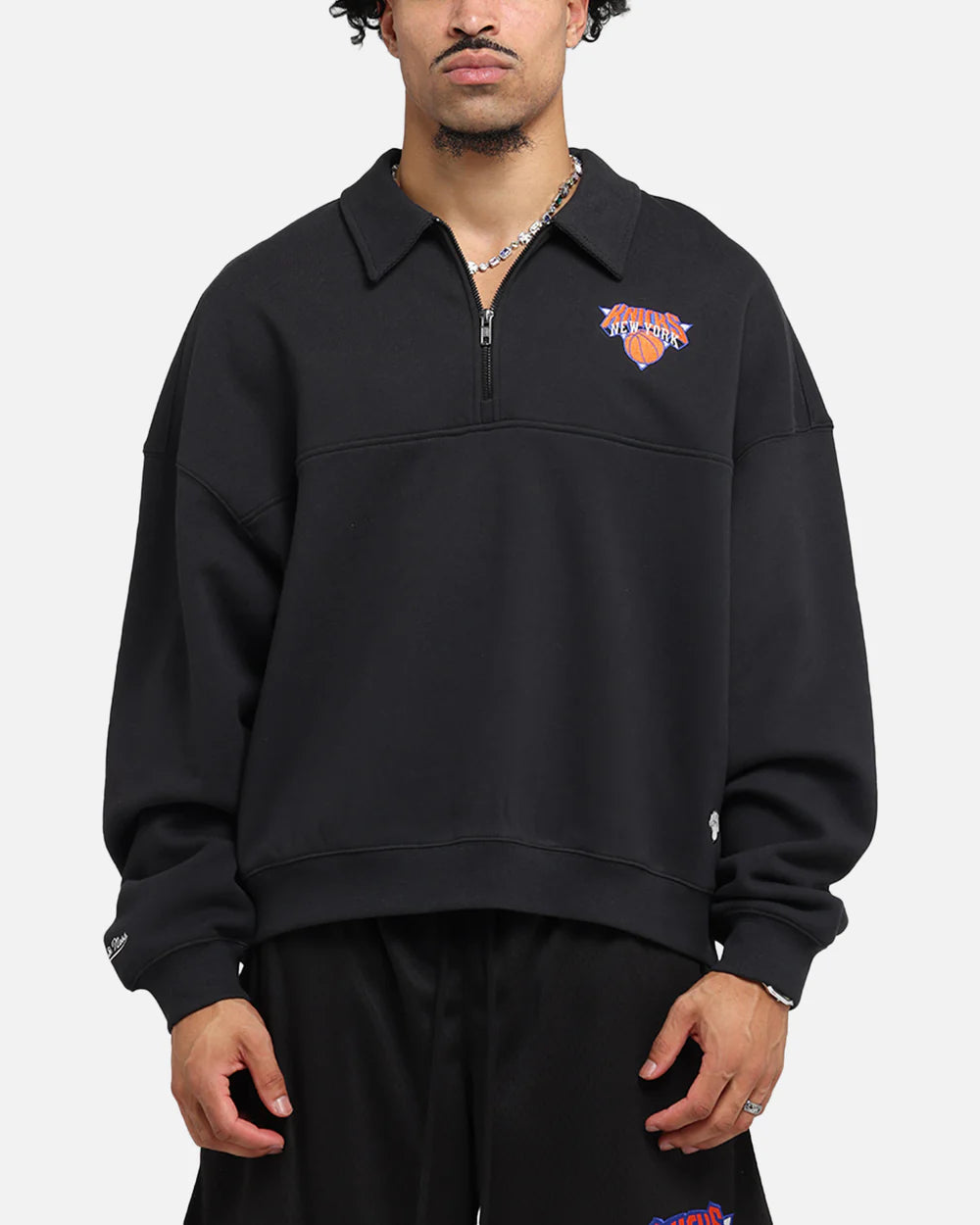 MNA-V47 (Mitchell & ness new york knicks boxy 1/4 zip crew faded black)102595217