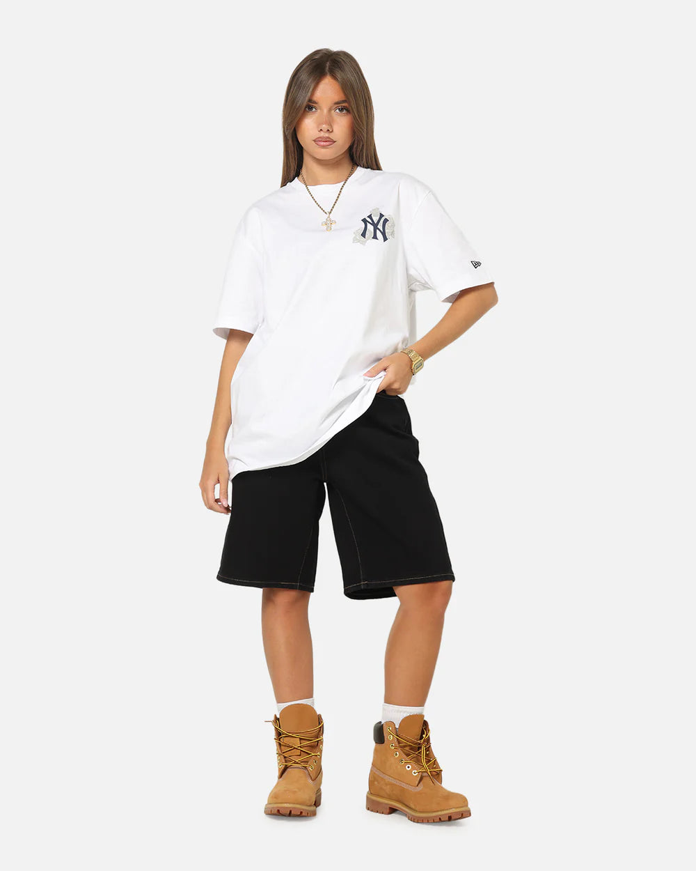 NEA-L12 (New era new york yankees trend pop grunge rose short sleeve oversized t-shirt white) 102594000