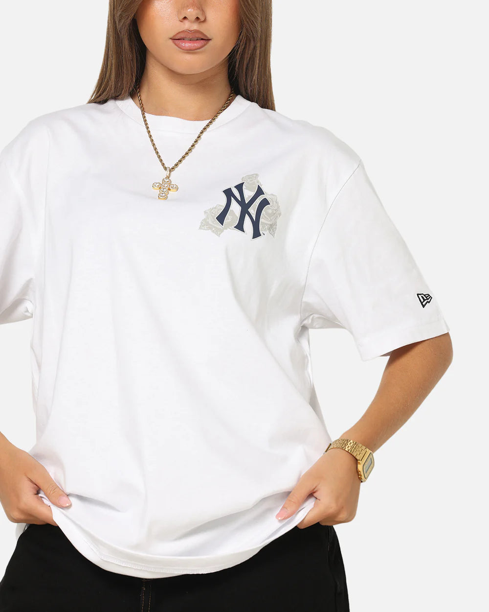 NEA-L12 (New era new york yankees trend pop grunge rose short sleeve oversized t-shirt white) 102594000