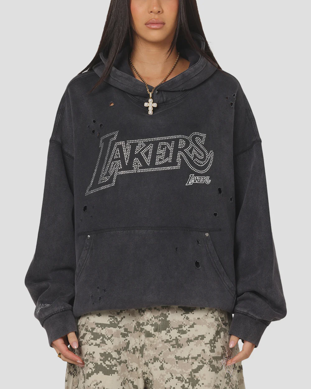 MNA-P47 (Mitchell & ness lakers distressed rhinestone logo hoodie faded black) 102596087
