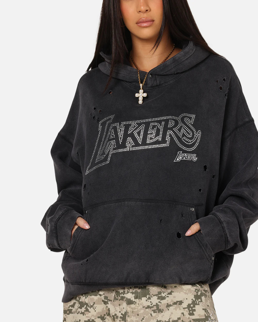 MNA-P47 (Mitchell & ness lakers distressed rhinestone logo hoodie faded black) 102596087