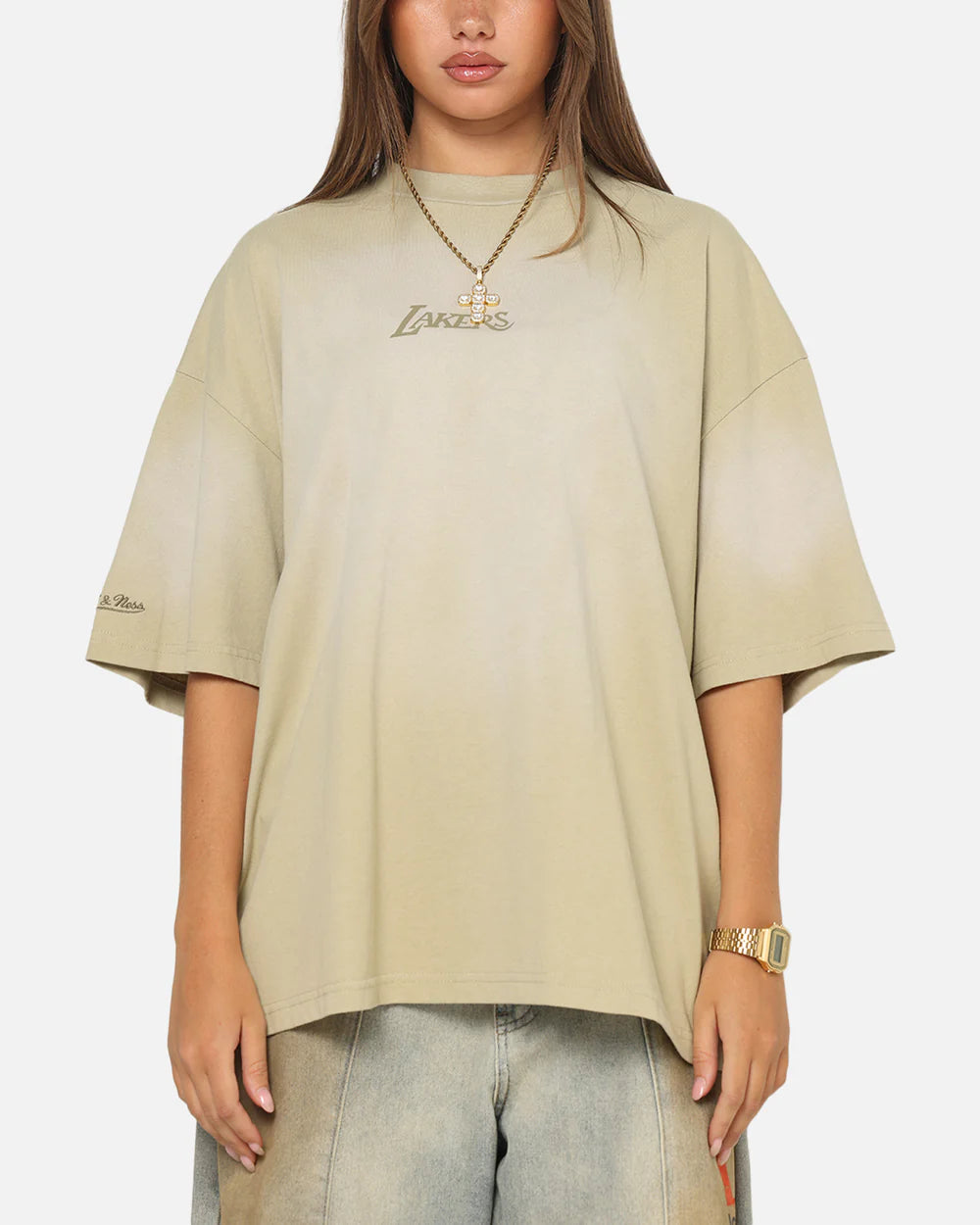 MNA-J48 (Mitchell & ness los angeles lakers big oversized logo t-shirt gravel stone) 102593913