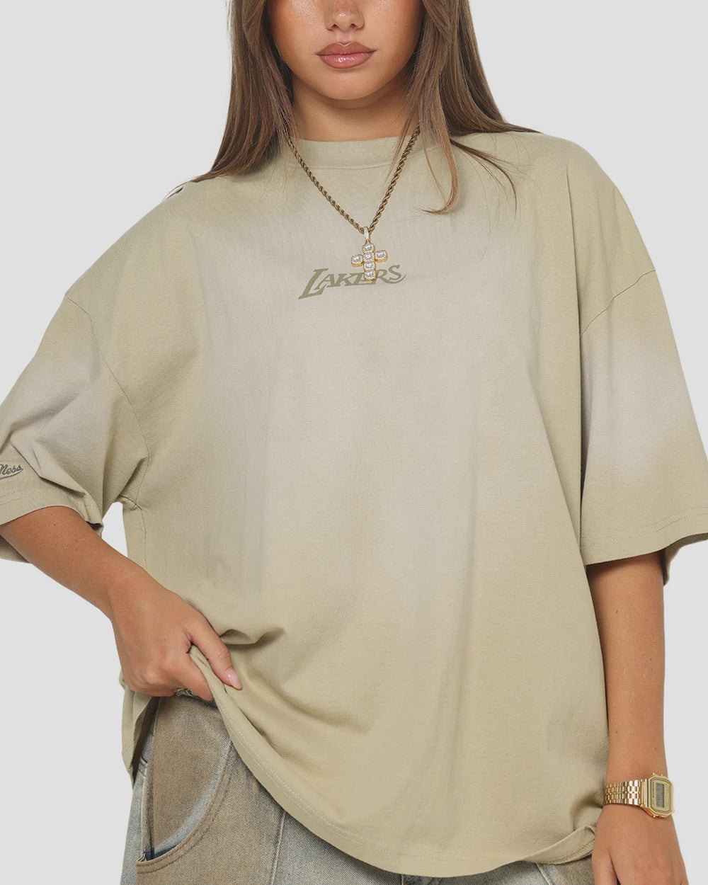 MNA-J48 (Mitchell & ness los angeles lakers big oversized logo t-shirt gravel stone) 102593913