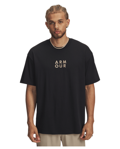 UAA-E16 (Under armour mens heavy weight oversized wordmark short sleeve tee black/field khaki) 102593043
