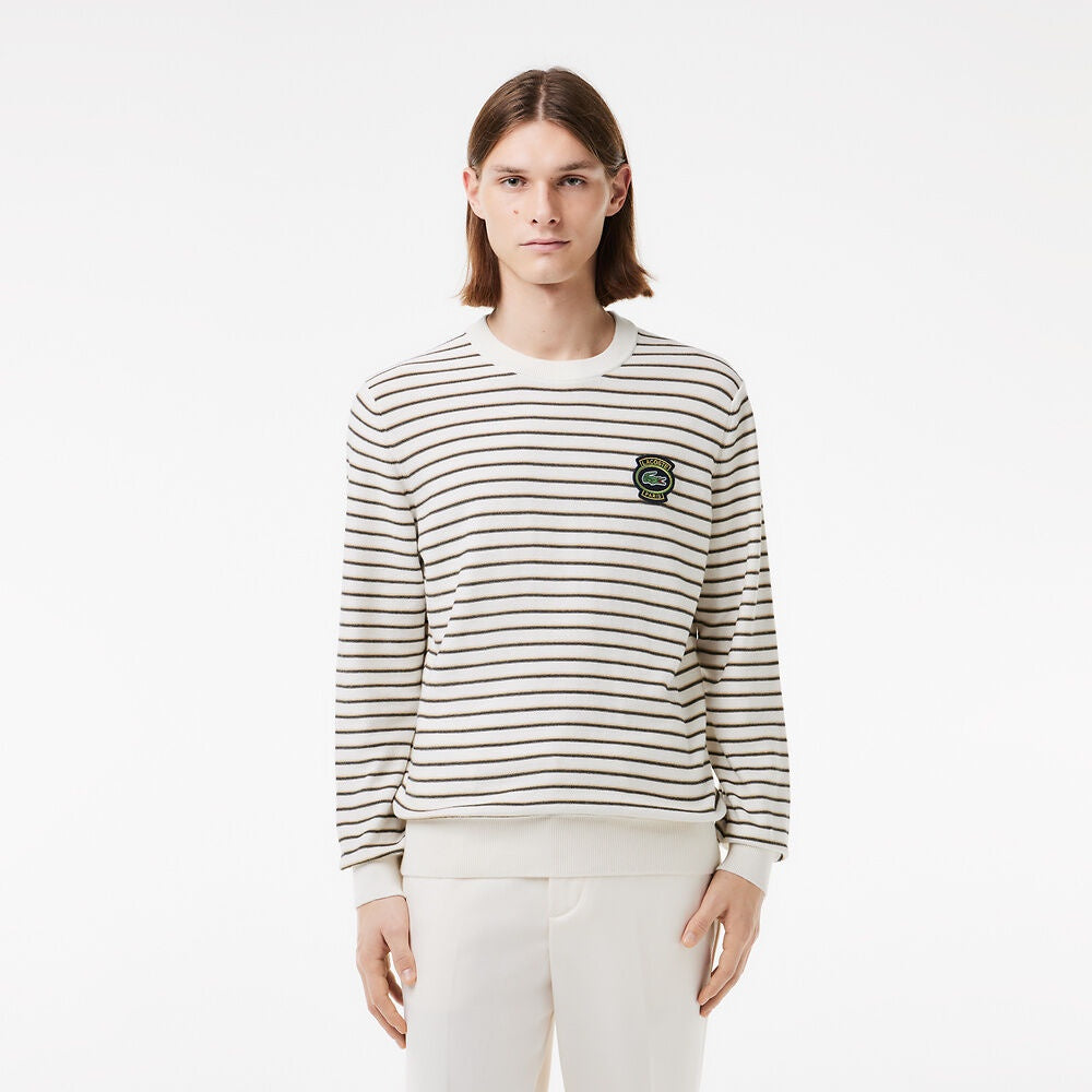 LCA-E21 (Lacoste vintage striped cotton patch crew neck sweater beige/black) 1124913043