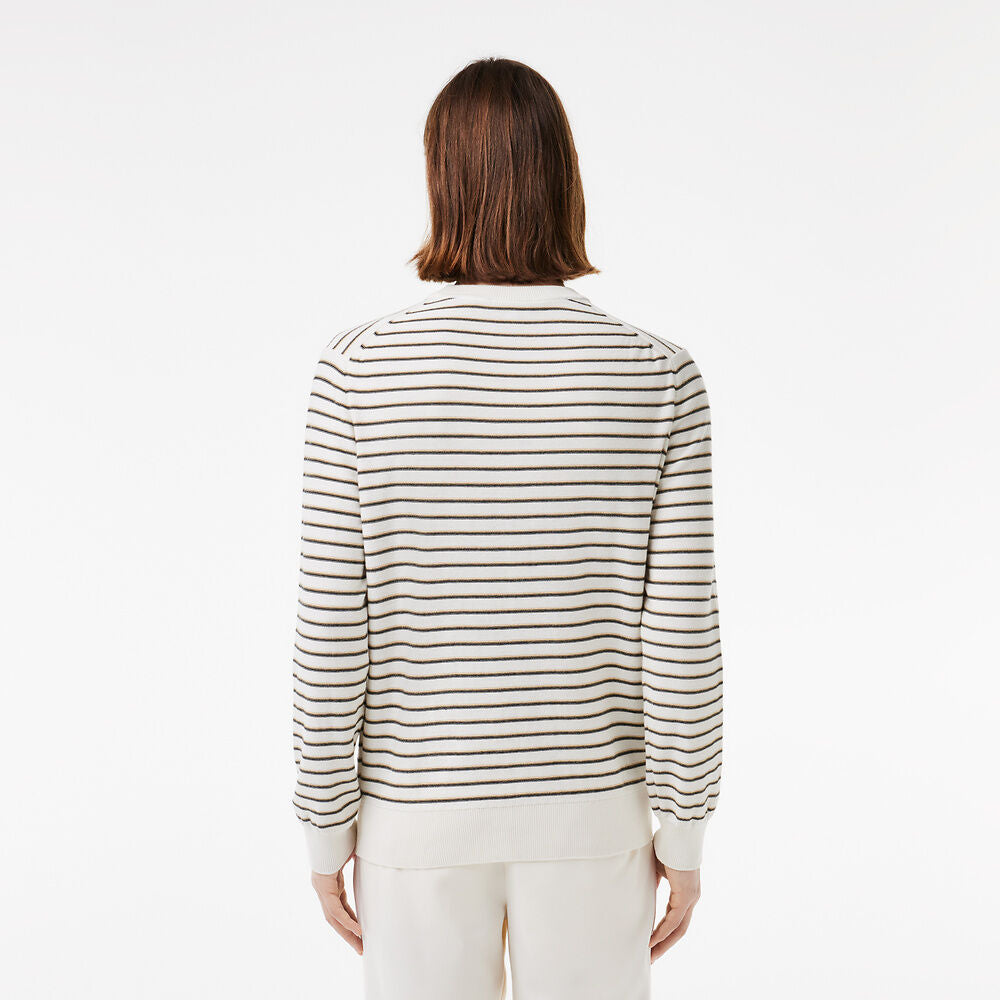 LCA-E21 (Lacoste vintage striped cotton patch crew neck sweater beige/black) 1124913043