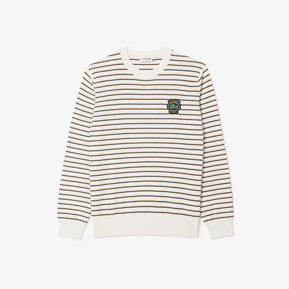 LCA-E21 (Lacoste vintage striped cotton patch crew neck sweater beige/black) 1124913043