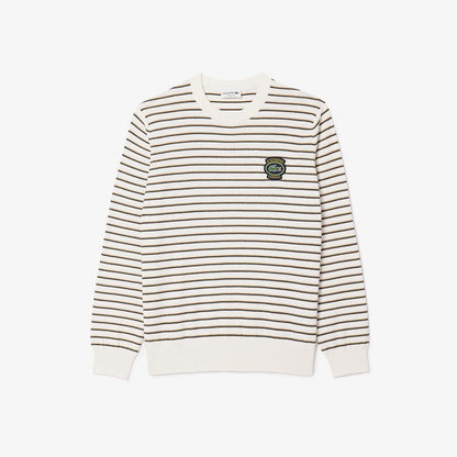 LCA-E21 (Lacoste vintage striped cotton patch crew neck sweater beige/black) 1124913043