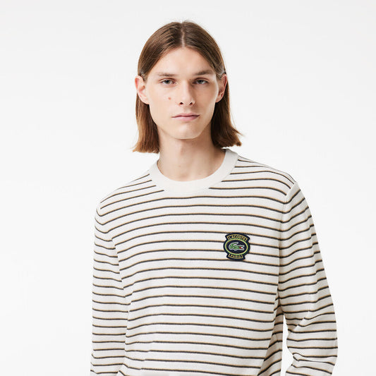 LCA-E21 (Lacoste vintage striped cotton patch crew neck sweater beige/black) 1124913043