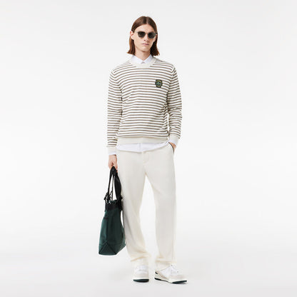 LCA-E21 (Lacoste vintage striped cotton patch crew neck sweater beige/black) 1124913043