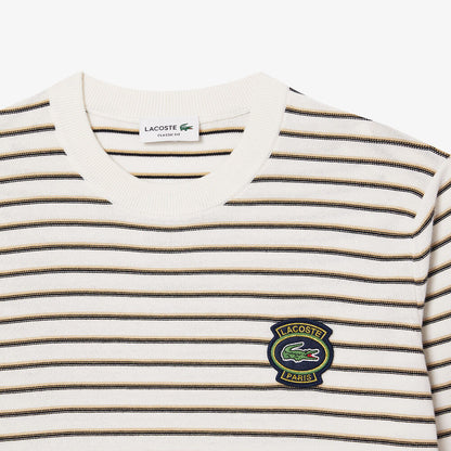 LCA-E21 (Lacoste vintage striped cotton patch crew neck sweater beige/black) 1124913043