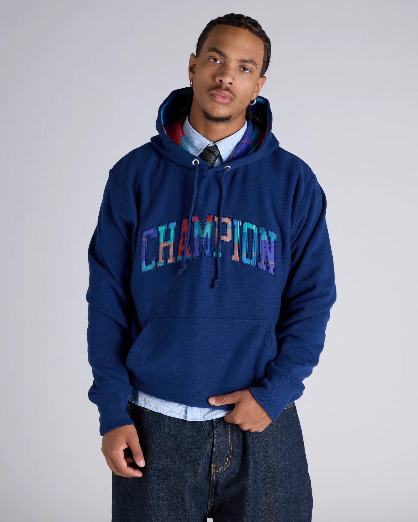 CA-M14 (Champion reverse weave patch plaid panel gfx hoodie sailaway navy) 82595652