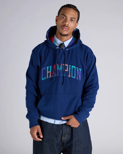 CA-M14 (Champion reverse weave patch plaid panel gfx hoodie sailaway navy) 82595652