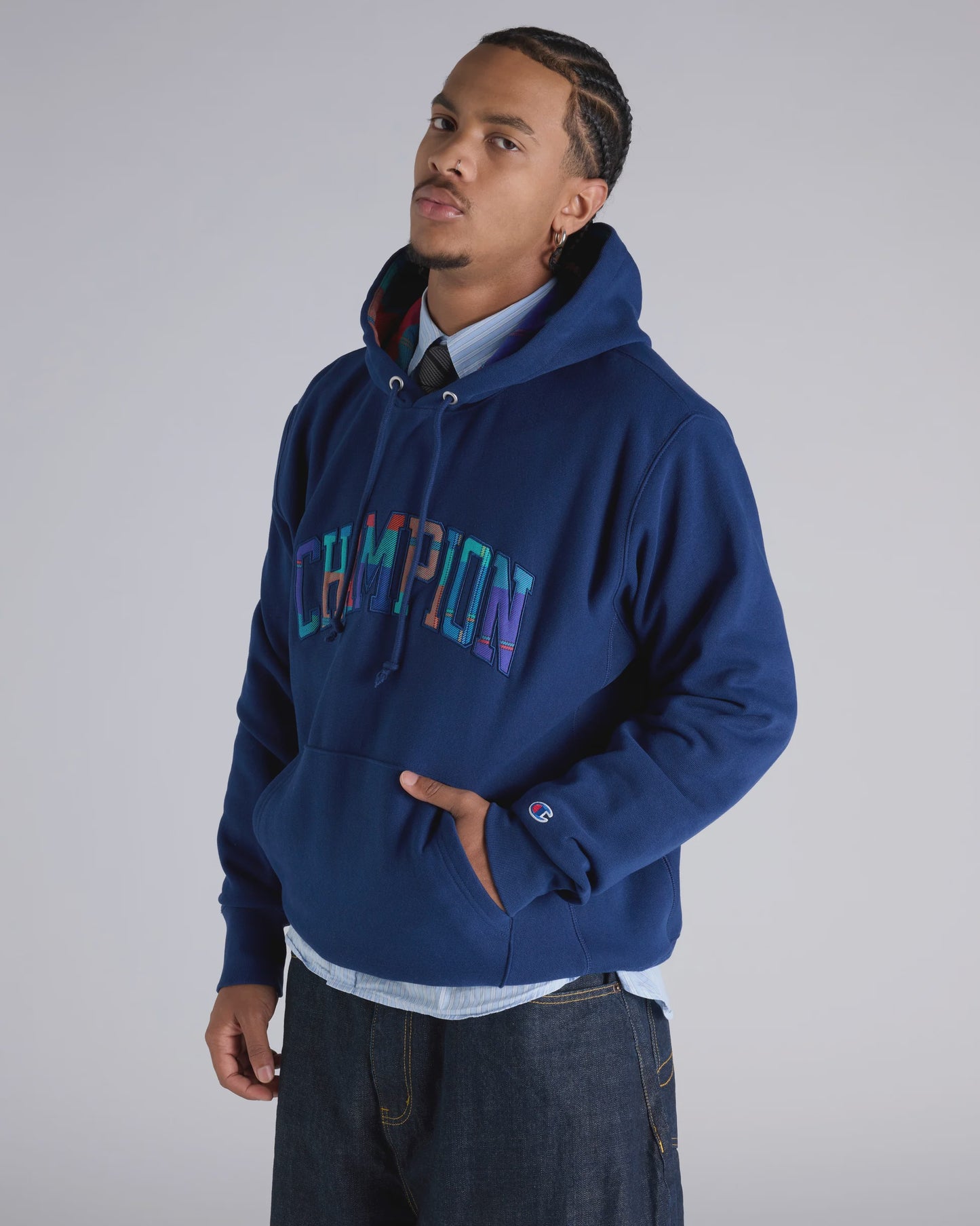 CA-M14 (Champion reverse weave patch plaid panel gfx hoodie sailaway navy) 82595652