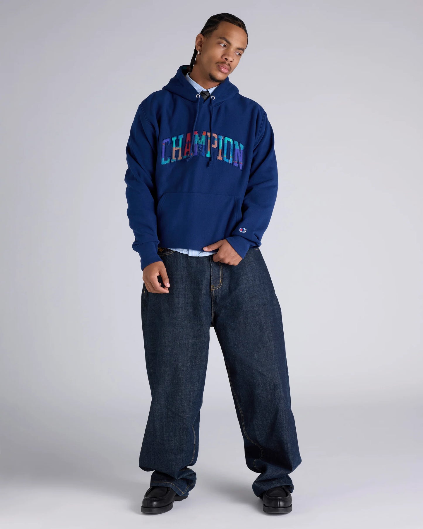 CA-M14 (Champion reverse weave patch plaid panel gfx hoodie sailaway navy) 82595652