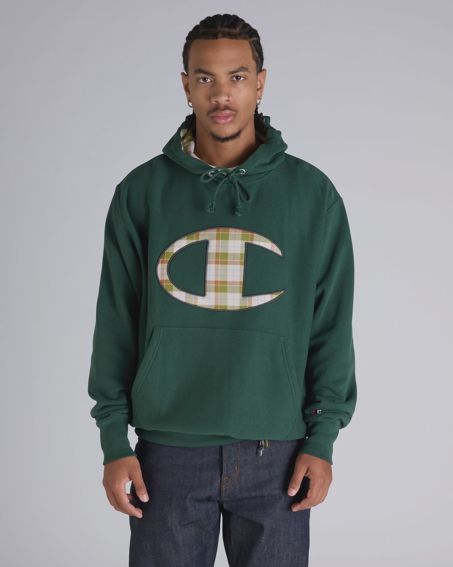 CA-N14 (Champion reverse weave patch plaid panel gfx hoodie dark green) 82595652