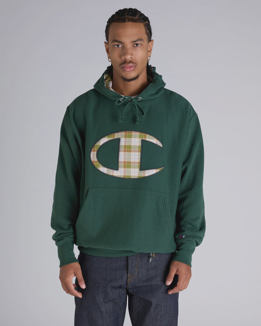 CA-N14 (Champion reverse weave patch plaid panel gfx hoodie dark green) 82595652