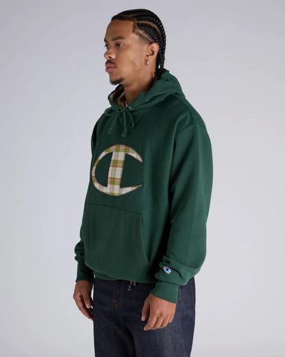 CA-N14 (Champion reverse weave patch plaid panel gfx hoodie dark green) 82595652