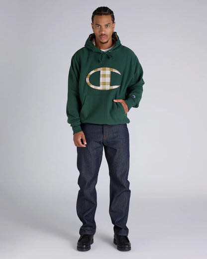 CA-N14 (Champion reverse weave patch plaid panel gfx hoodie dark green) 82595652
