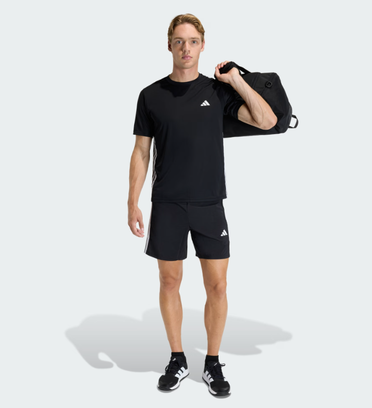 AA-Q30 (Adidas workout essentials base 3 stripes woven shorts black/white) 22692646