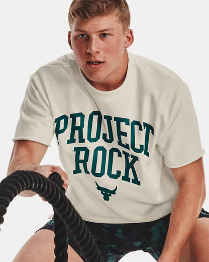 UAA-G9 (Under armour mens project rock heavy weight terry t-shirt ivory/coastal teal/black) 22393478