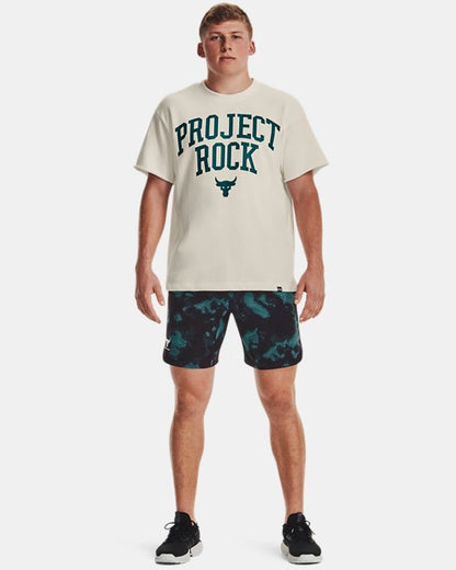 UAA-G9 (Under armour mens project rock heavy weight terry t-shirt ivory/coastal teal/black) 22393478