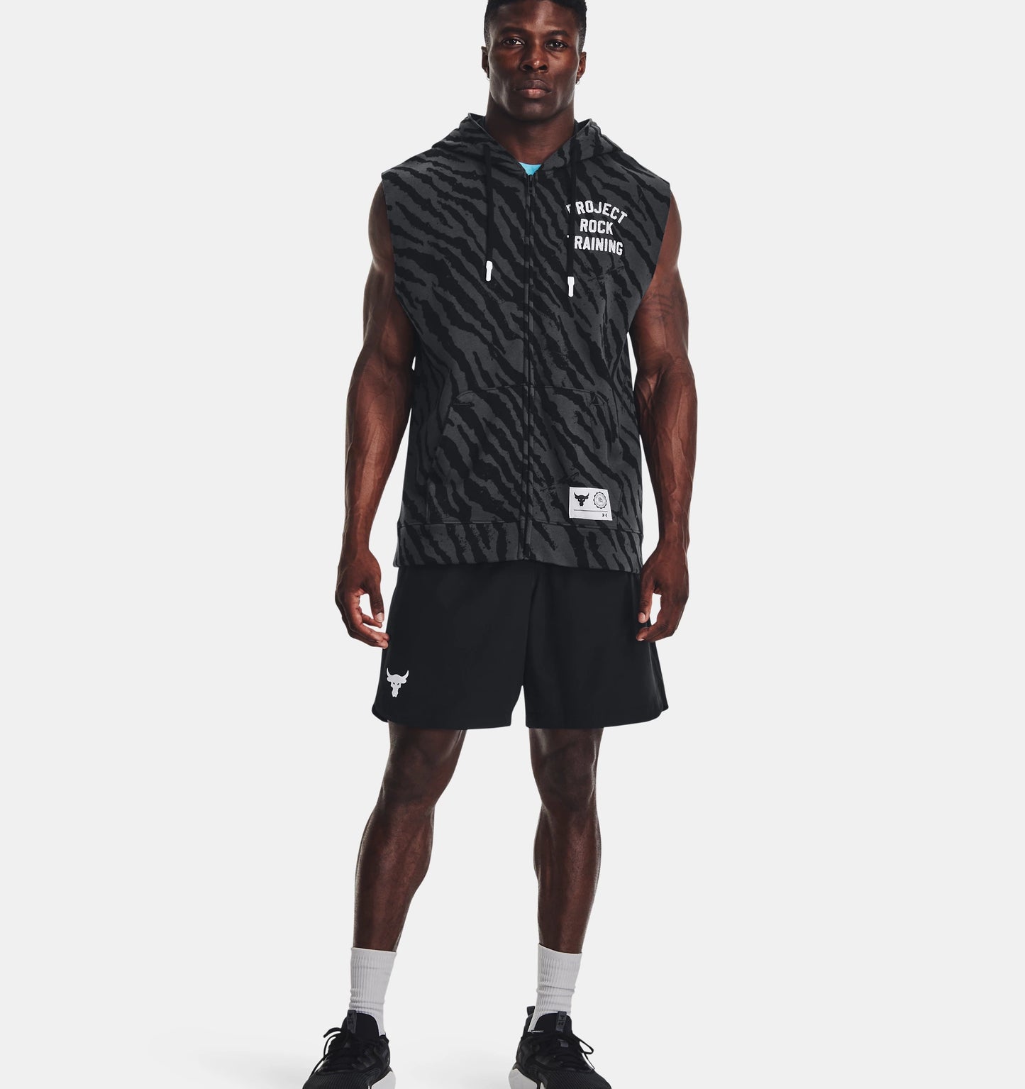 UAA-O9 (Under armour mens project rock rival sleeveless printed full zip black/white) 32294347