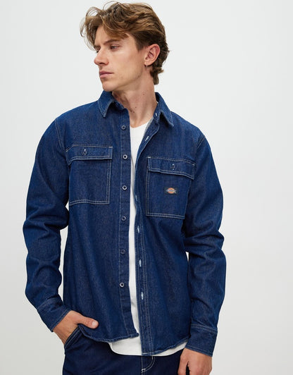 D-T6 (Dickies jacinto denim regular fit button down long sleeve shirt rinsed indigo) 52495215