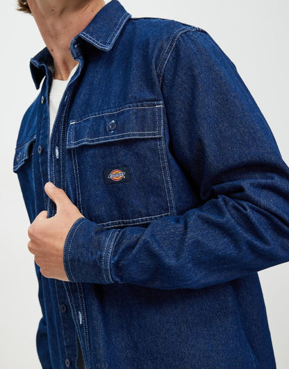 D-T6 (Dickies jacinto denim regular fit button down long sleeve shirt rinsed indigo) 52495215