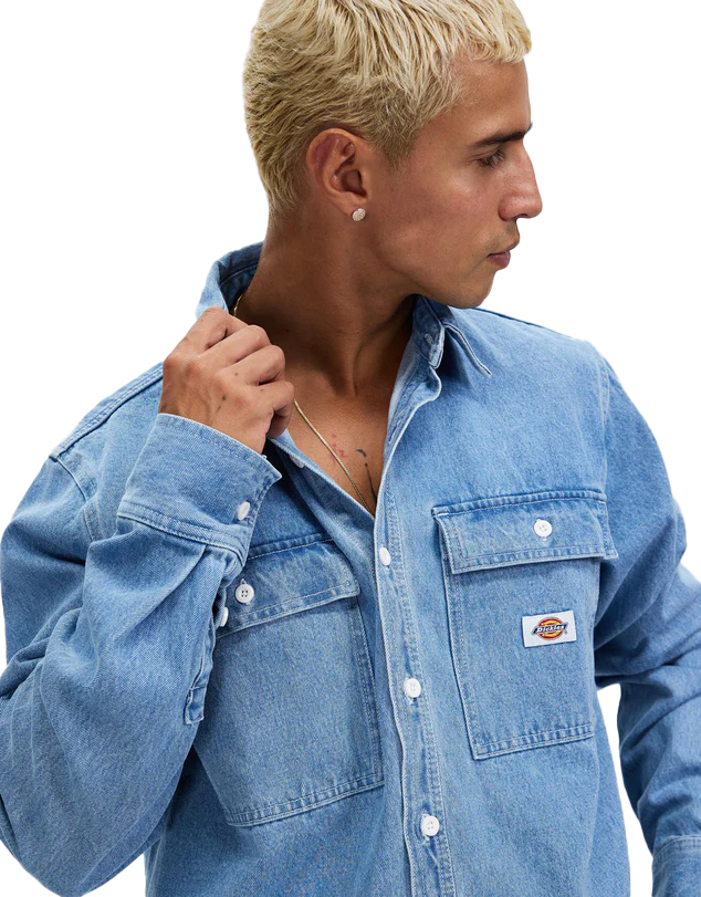 D-Q6 (Dickies jacinto denim regular fit button down long sleeve shirt stone washed) 42495215