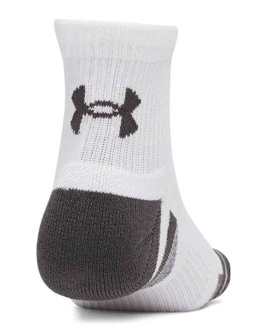 UAA-P16 (Under armour unisex new performance tech 3 pack quarter socks ultimate white/jet gray) 72691956