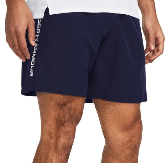 UAA-S16 (Under armour mens tech woven wordmark shorts midnight navy/white) 72692608