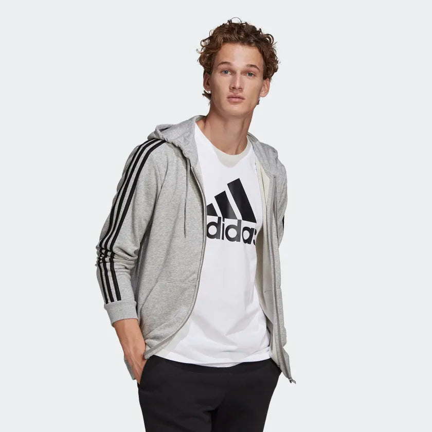 AA-I14 (Adidas 3 stripe french terry full zip hoodie medium heather grey/black) 52295115 ADIDAS