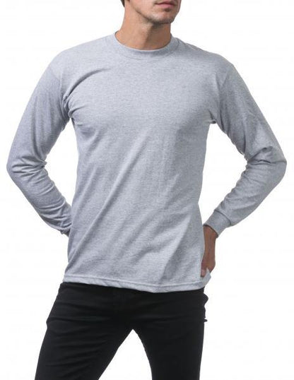 PC-L (Pro Club Men's Heavyweight Cotton Long Sleeve Crew Neck T-Shirt-Heather Grey) - Otahuhu Shoes