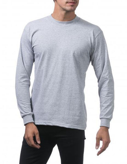 PC-L (Pro Club Men's Heavyweight Cotton Long Sleeve Crew Neck T-Shirt-Heather Grey) - Otahuhu Shoes