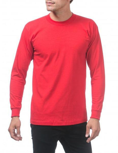 PC-M (Pro Club Men's Heavyweight Cotton Long Sleeve Crew Neck T-Shirt-Red) - Otahuhu Shoes