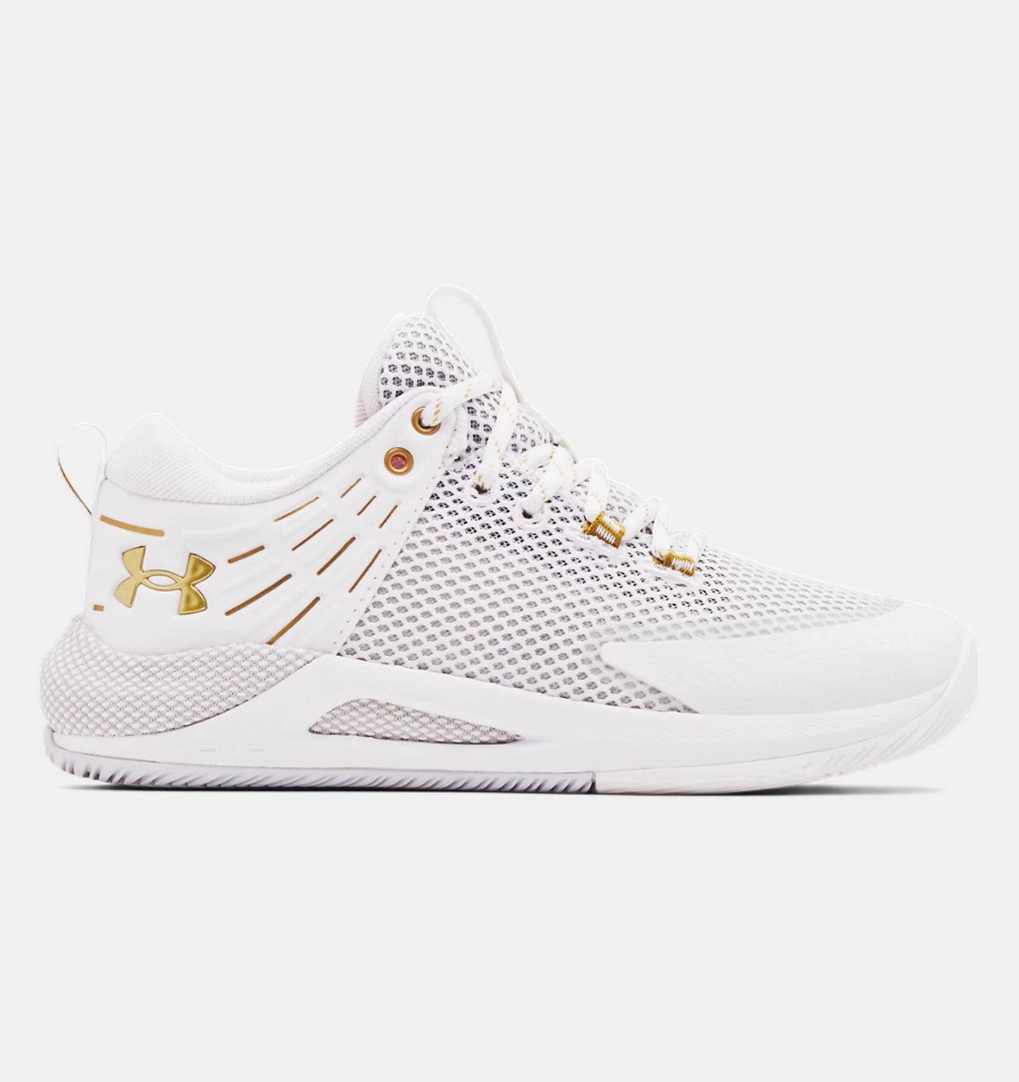 UA-I7 (Under armour womens hovr block city volleyball shoes white/metallic gold) 22398695 UNDER ARMOUR