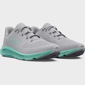 UA-C8 (Under armour women's charged pursuit 3 big logo trainer mod gray/halo gray/neo turquioise) 122395652