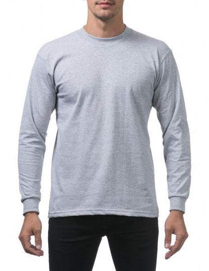 PC-L (Pro Club Men's Heavyweight Cotton Long Sleeve Crew Neck T-Shirt-Heather Grey) - Otahuhu Shoes