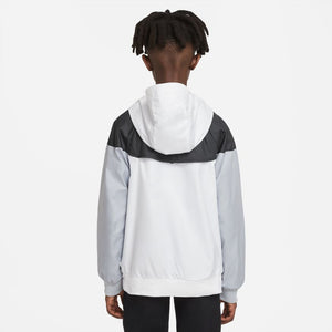 NA-J38 (Boys nike sportswear wind runner hooded jacket white/black/wolf grey) 72294348 NIKE