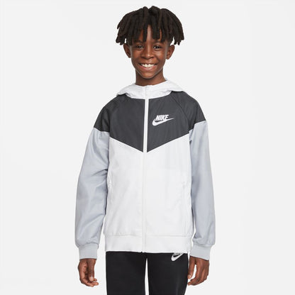 NA-J38 (Boys nike sportswear wind runner hooded jacket white/black/wolf grey) 72294348 NIKE