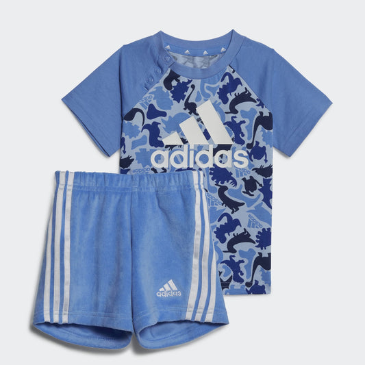 AA-R18 (Adidas dino camo all over print tee and short set blue fusion/blue dawn/white) 22393070 ADIDAS