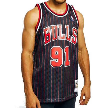 Bulls #91 Dennis Rodman Black Pinstripe Hardwood