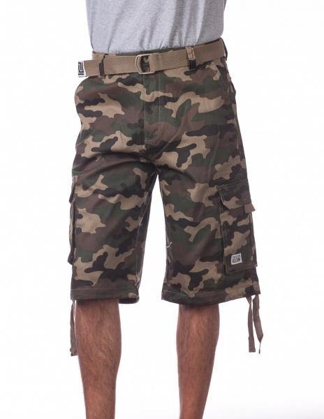 PC- F1 (Pro Club Men's Cotton Twill Cargo Shorts With Belt- Green Camo) - Otahuhu Shoes